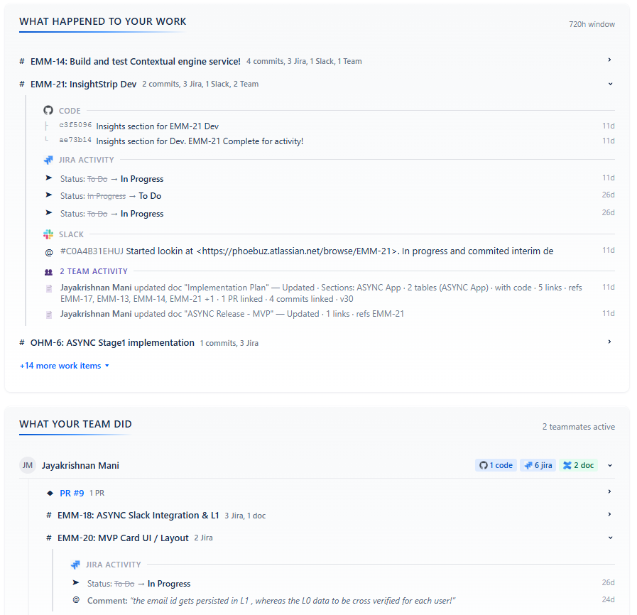 Your Items and Team Activity panel showing PRs, Jira updates, Slack mentions grouped by integration