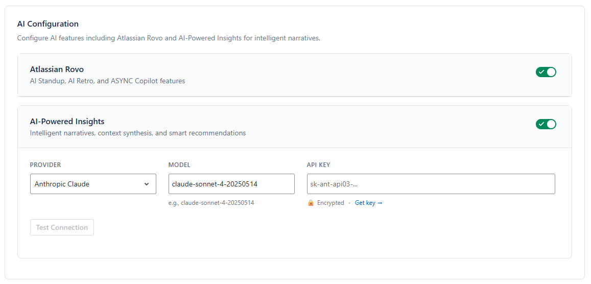 AI Configuration panel with provider selection and connection test