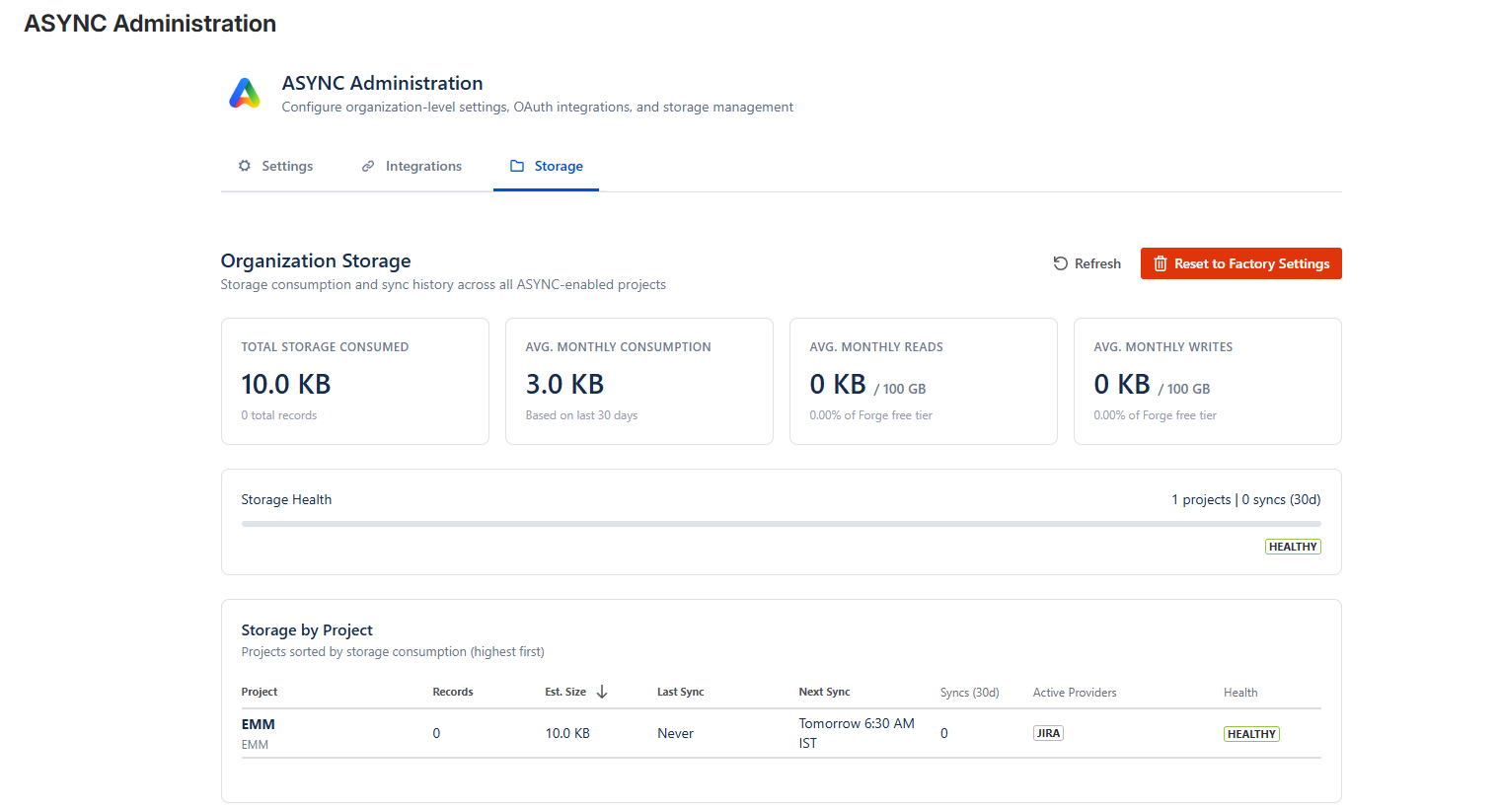 Storage tab with overview cards and project breakdown table