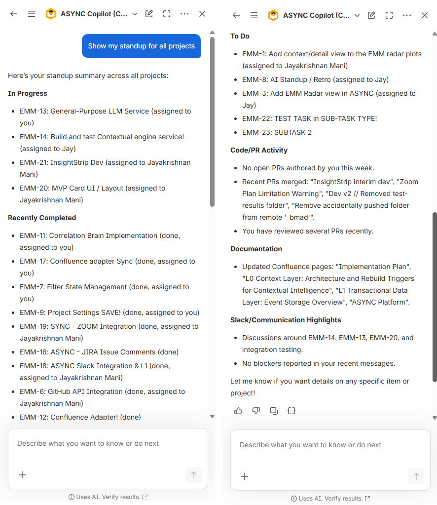 ASYNC Copilot open in the Rovo sidebar with a standup summary