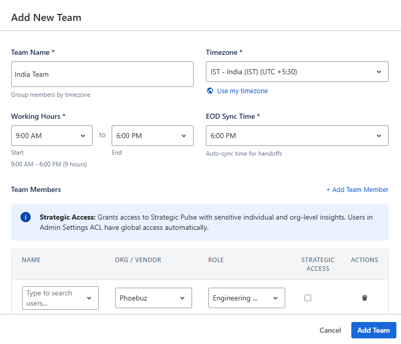 Add Team modal with team name, timezone, working hours, and member rows