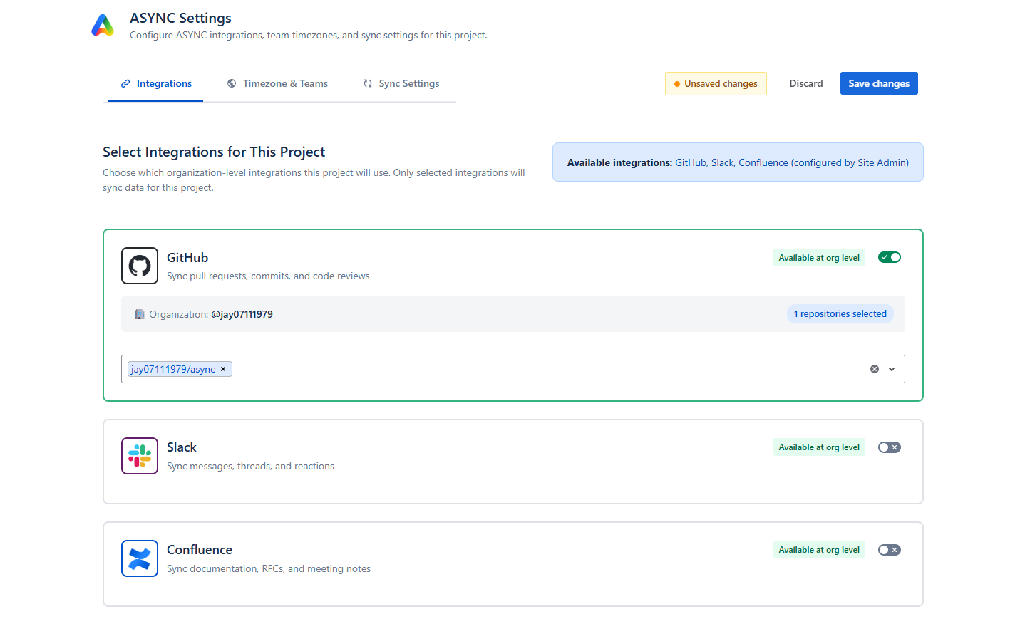 Integrations tab with source control enabled and repository selector