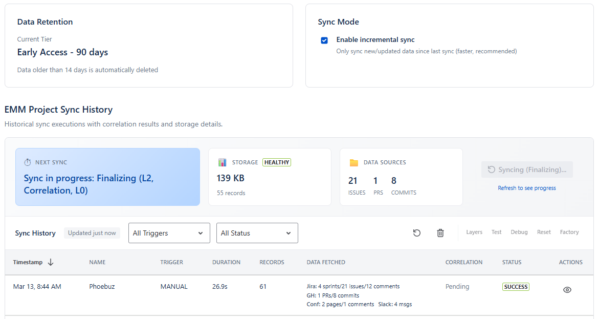 Sync History table with progress banner and next sync schedule
